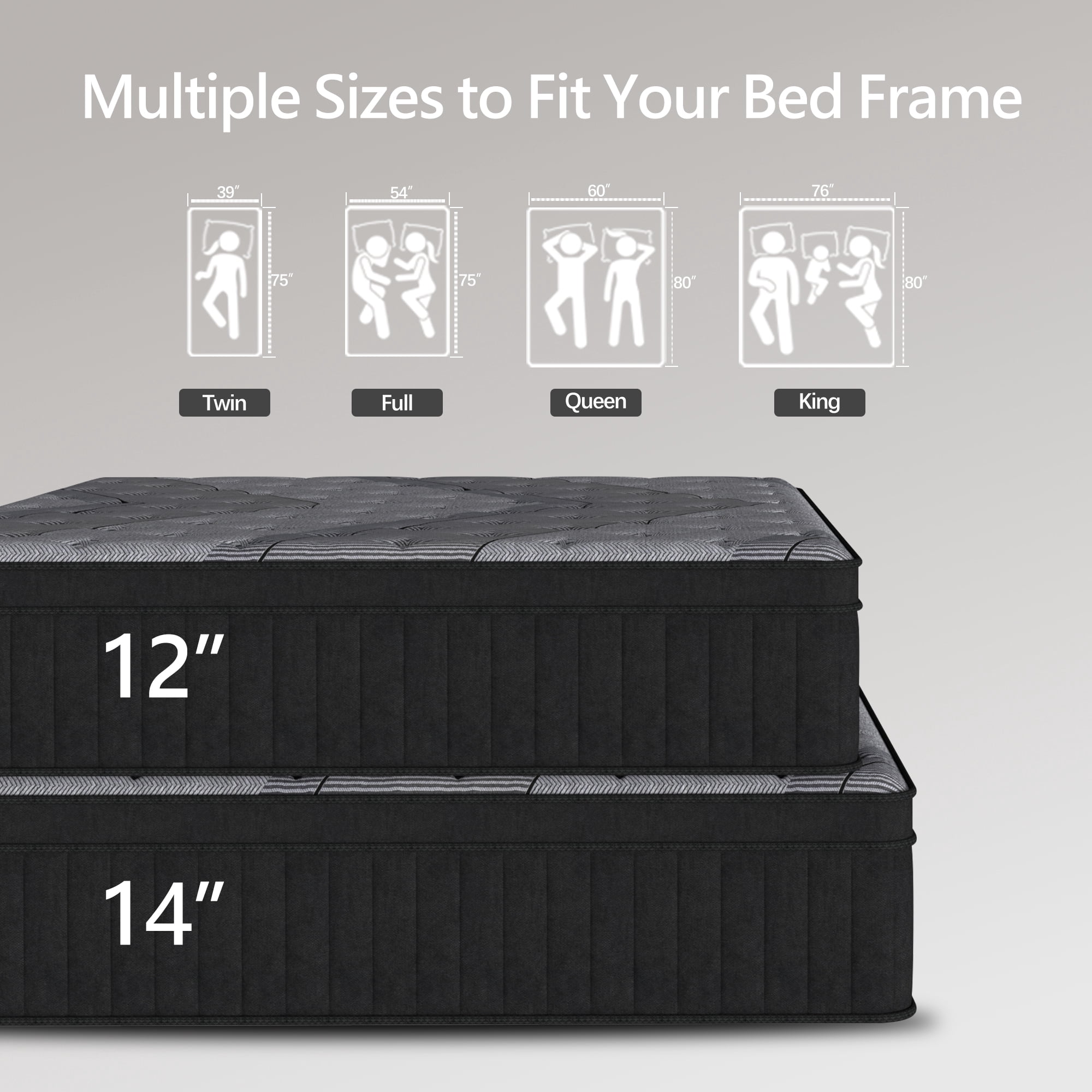 12 Inch Queen Size Mattress, Gray Cooling Gel Memory Foam & Spring Hybrid Medium Firm Comfort Queen Mattress in a Box,Adult,CertiPUR-US