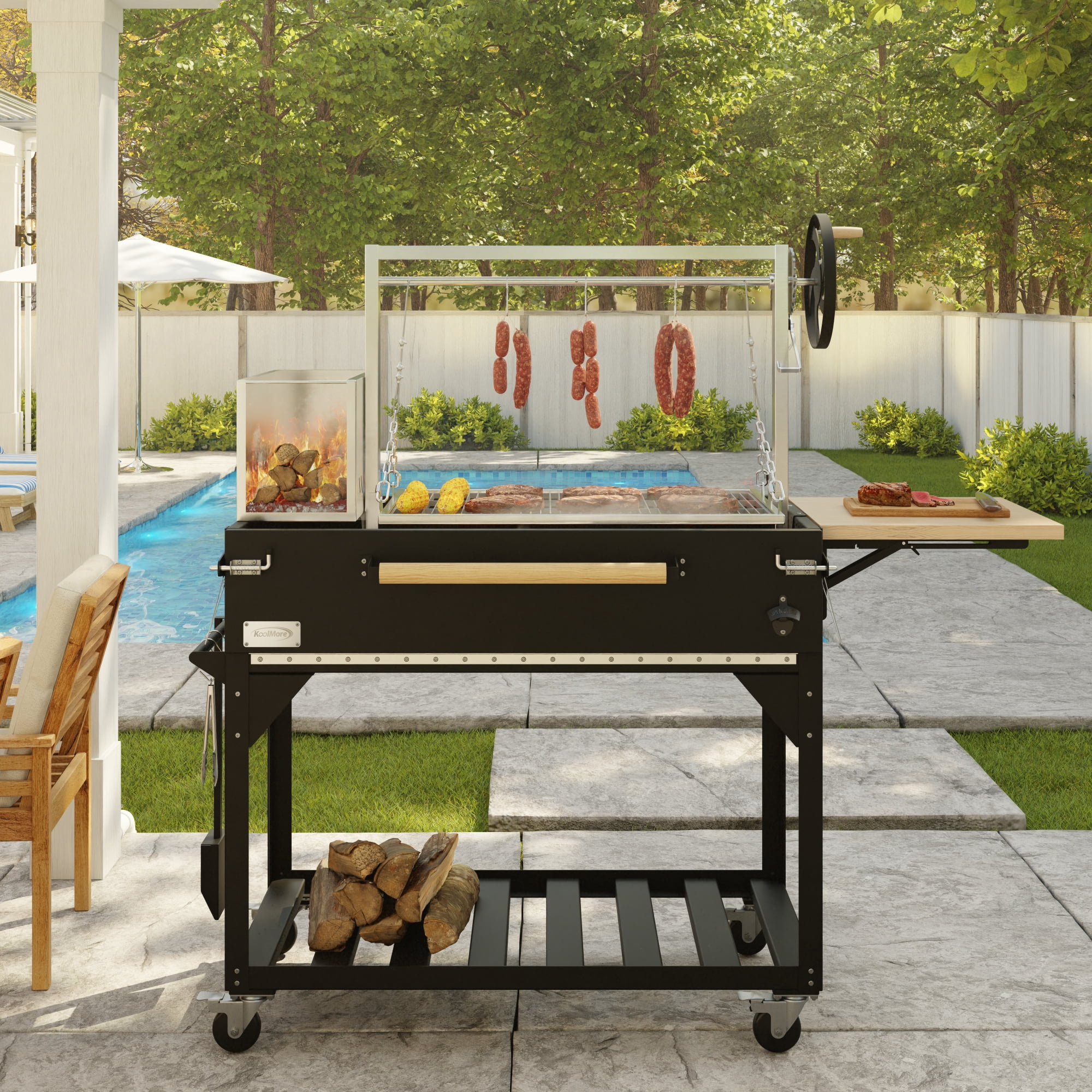 72 in. Argentine Santa Maria Charcoal and Wood Grill, Adjustable Outdoor BBQ, in Black (KM-OG-AW-72)