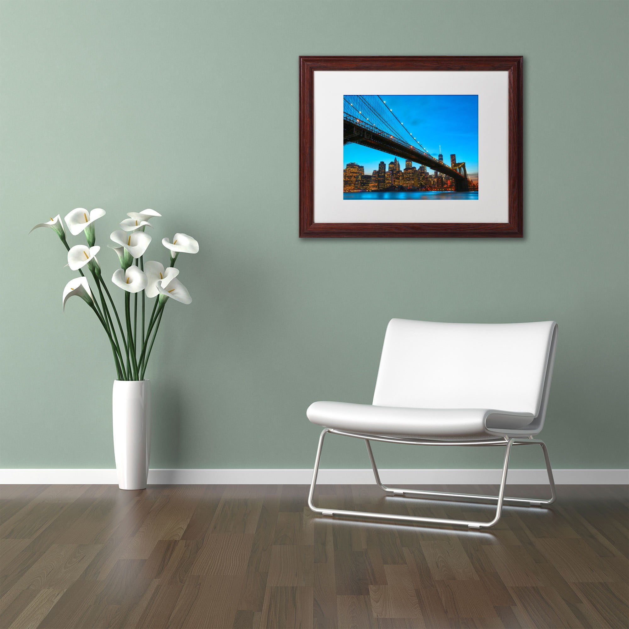 Trademark Fine Art "Brooklyn Bridge 1" Canvas Art by CATeyes, White Matte, Wood Frame