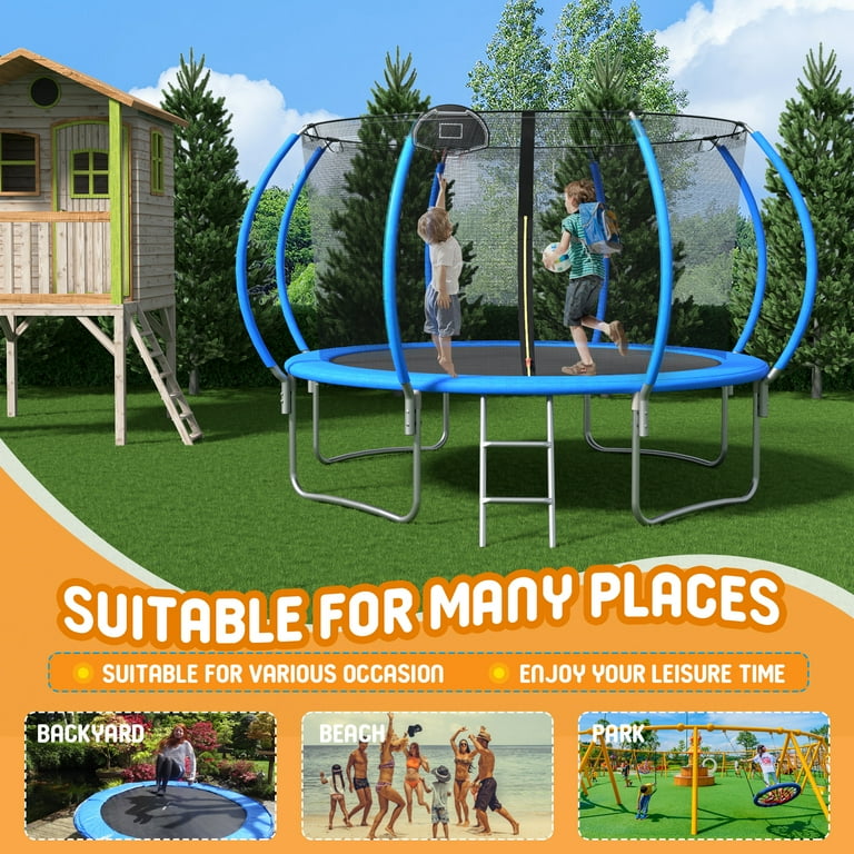 BTMWAY 12FT Trampoline with Basketball Hoop Safety Net Heavy Duty Jump Mat Weatherproof for Kids Adults Walmart
