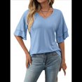 thumbnail image 3 of Tops Elegantes de Cuello en V para Mujer, de Doble Capa, con Mangas Acampanadas y Volantes de 3/4, Color Azul , Talla XXL, 3 of 8