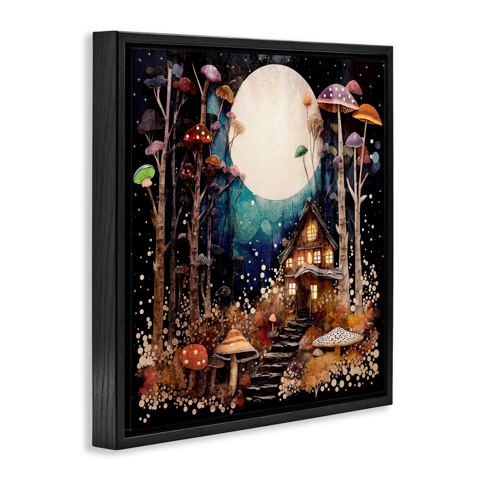 Stupell Industries Whimsical Mushroom Cottage Landscape & Nature Painting Black Floater Framed Canvas Art Print Wall Art, 25 x 25