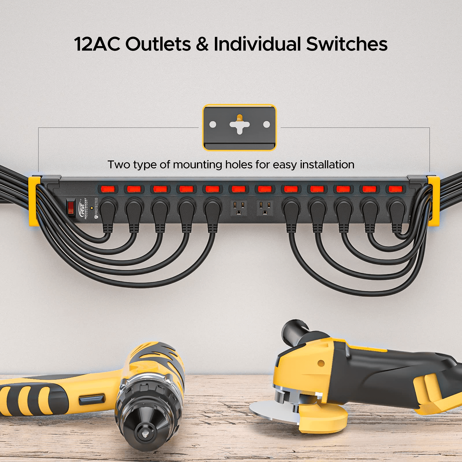 CRST 12 Outlets Heavy Duty Long Power Strip Surge Protector Individual Switches with Cord Manager 14/3 SJT 9 Feet Long Extension Cord, Black