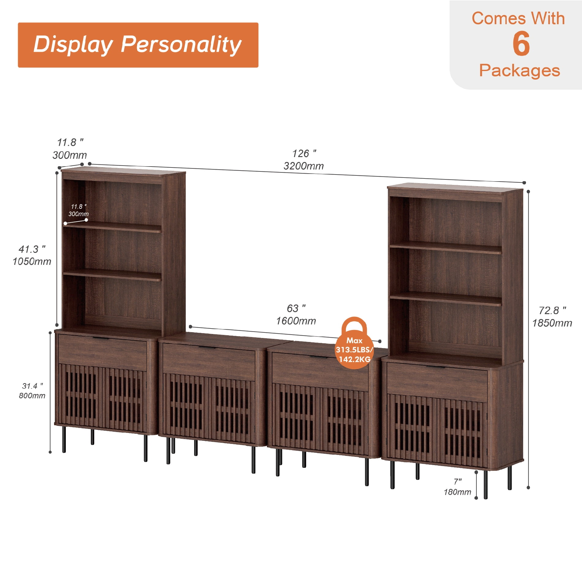 WAMPAT 72.8" Tall Bookshelf with Doors and Drawers, Modern Bookcase with Storage, Adjustable Shelves, Wood Storage Cabinet, Walnut