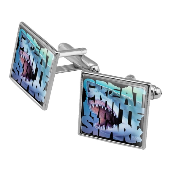 Great White Shark Bites Scuba Diving Square Cufflink Set - Silver or Gold