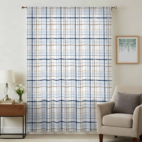 Blue Lines Sheer Curtains 84 Inches Long for Living Room, Modern Gingham Plaid Striped Farmhouse Light Filtering Privacy Drapes, Breathable Semi Sheer Window Treatment for Bedroom Dining Room