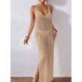 thumbnail image 2 of Womens Crochet Knit Sheer Summer Backless V Neck Side Slit Bathing Suit Cover Up Midi Dress Camel One Size, 2 of 6