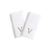 Authentic Hotel and Spa  2-piece White Turkish Cotton Hand Towels with Grey Block Monogrammed Initial White/V