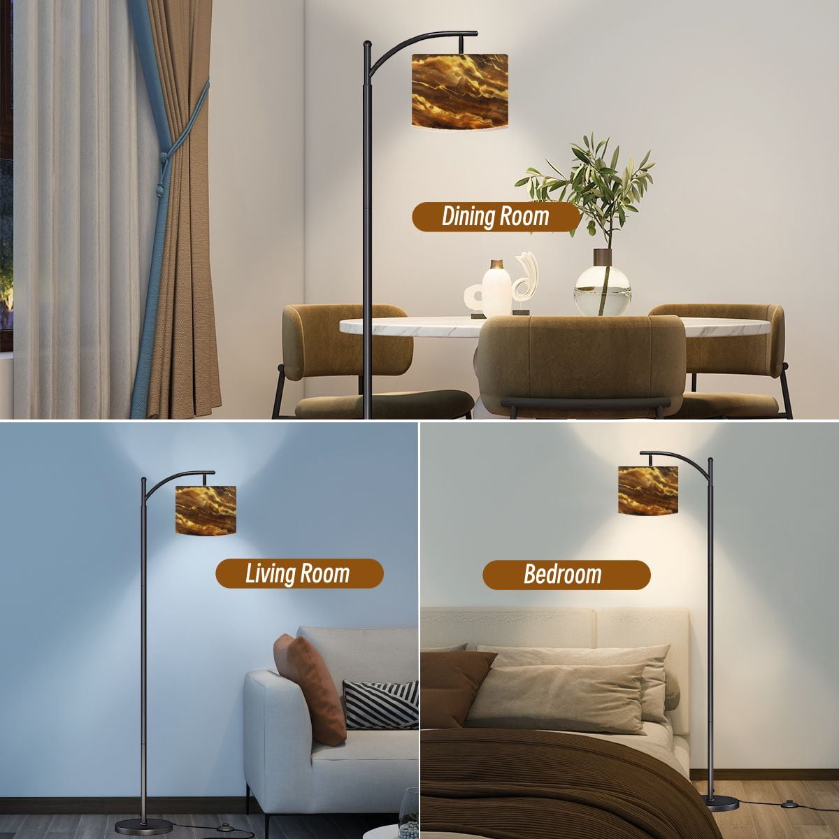 Arc Floor Lamps Gold flowing marbled stone backdrop shades brown A glittering luxury Modern LED Adjustable Lampshade Standing Light for Living Room Reading Bedroom Office