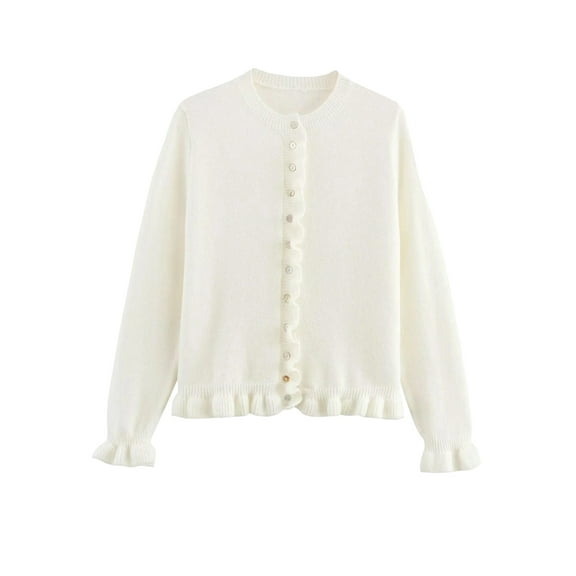Women'S Cropped Cardigan Sweater Trendy Crewneck Ruffle Long Sleeve Button Down Knitwear Tops White L