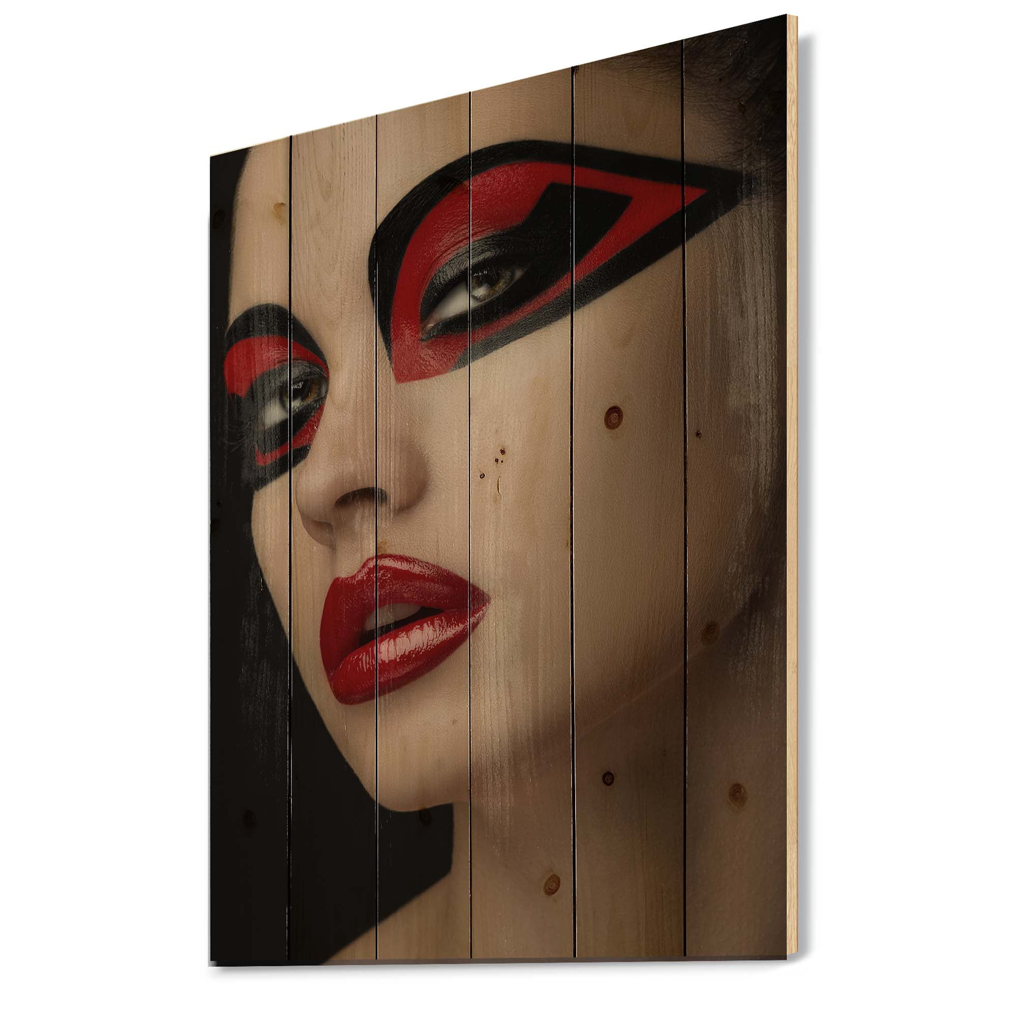 Designart 'Red Lips Black Makeup On The Eyes of Mask Girl' Modern Print on Natural Pine Wood