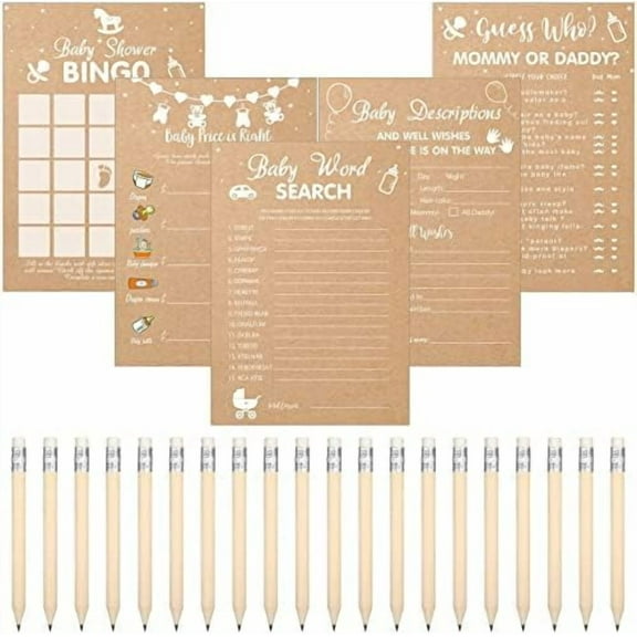 145 Pcs Rustic Baby Shower Game 5 Games Activities Cards for 25 Guests with 20 Pencils Rustic Kraft Funny Baby Shower Games, Bingo, Guess Who, Gender Reveal Ideas