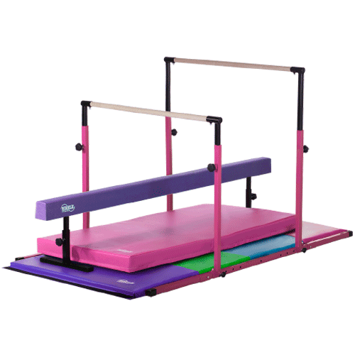 Pink and Blue Gymnastics Mat by Nimble Sports Tan Gymnastics Balance Beam 