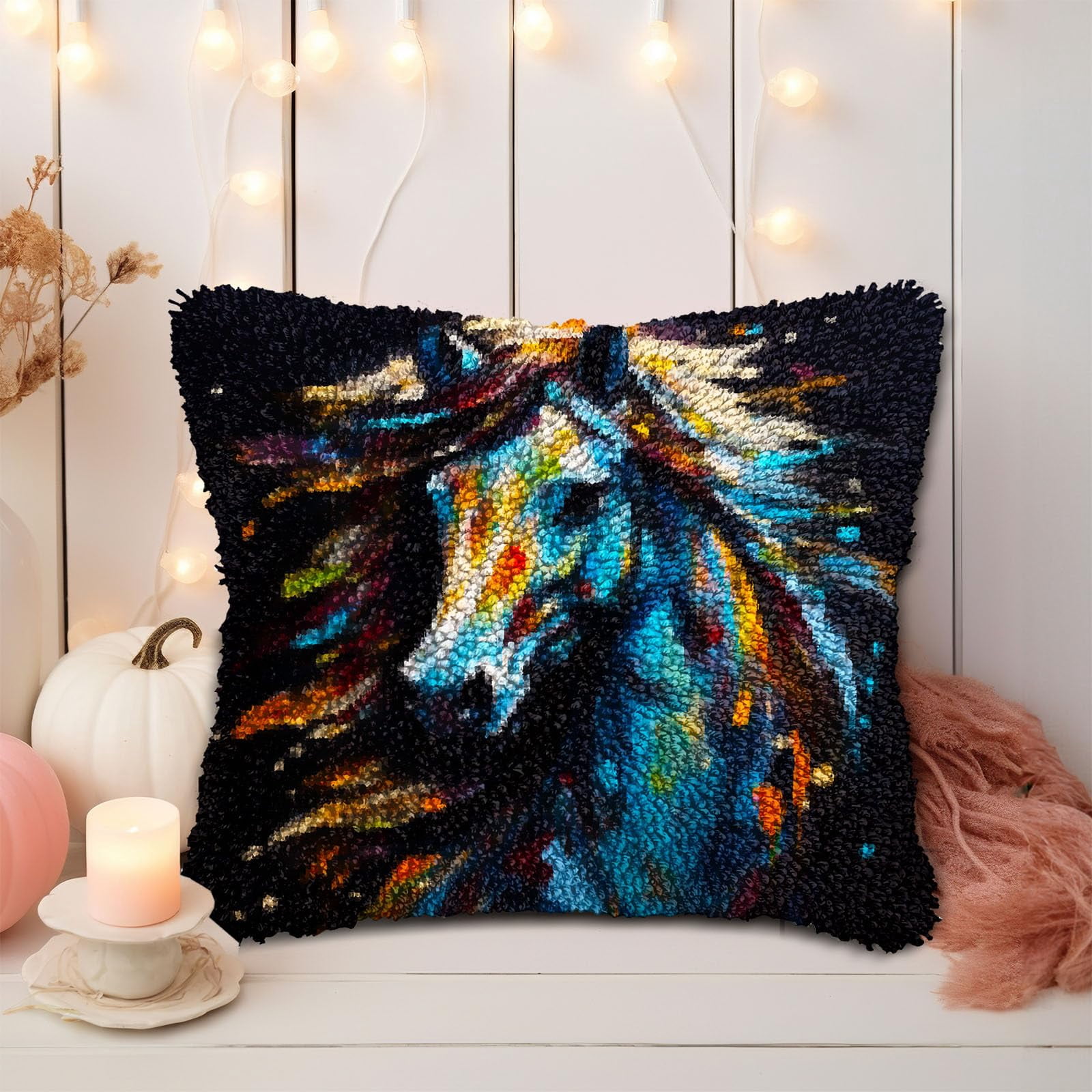 Pigment Colorful Animal Horse DIY Latch Hook Pillow Kits for Adults Printed Pillowcase Crochet Yarns Hooking Handmade Pillow Cover Cushion for Home Sofa Decoration 17x17inch