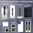 thumbnail image 2 of 3 Pack Screen Protector for 16pro max,1x Privacy + 2x HD Tempered Glass 9H+ Hardness Shatterproof Film, Anti-Fingerprint Easy Installation Tool Kit, 2 of 5