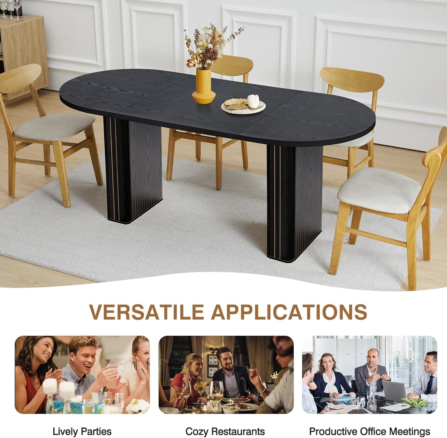 70.8 Inch Dining Table for Rustic Farmhouse, Oval Kitchen Dining Room Table with Wooden Base for Meeting Room Reception Room (Black)