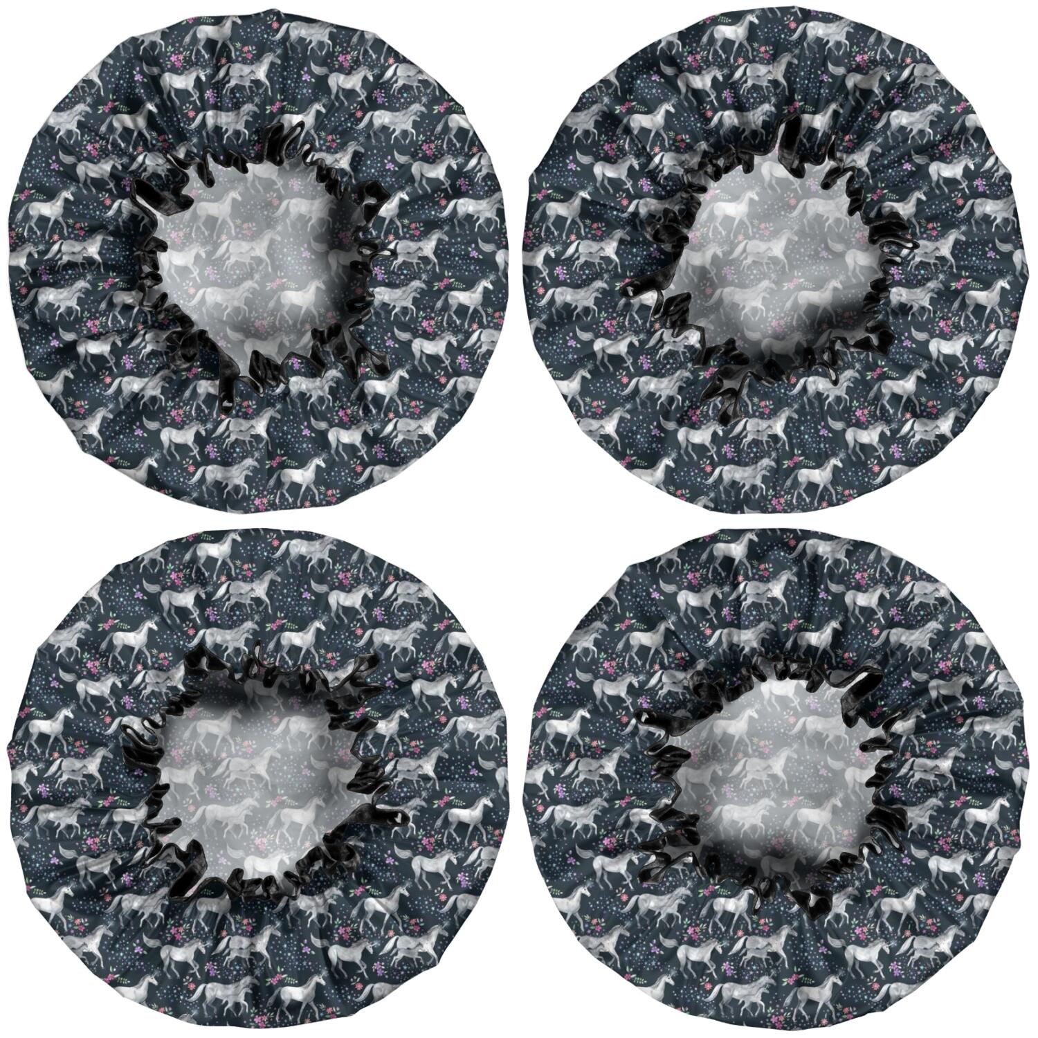 Shower Caps,Dark Blue Cartoon Horse Flower Pattern Waterproof Shower Cap for Women 4 Pieces,Double Reusable Hair Cover for Shower PEVA Elastic Stretch Hem