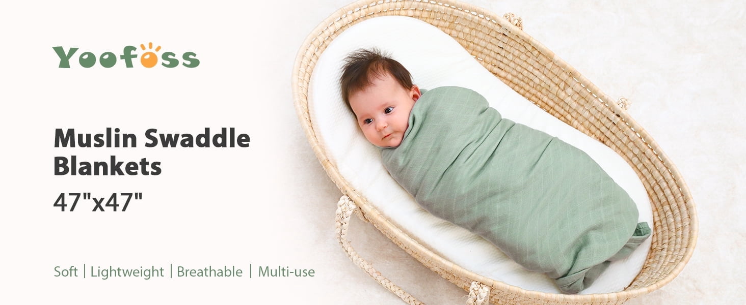 Yoofoss Muslin Swaddle Blankets, Organic Baby Blankets, 47 x 47 Inches Receiving Blanket 4-Pack for Baby Boys and Girls, Baby Essentials for Newborns Soft Breathable Green Leaves
