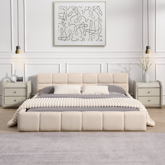 Miekor Furniture Elegant Beige Chenille Upholstered Bed with Checkerboard Design, Queen, Beige No0089
