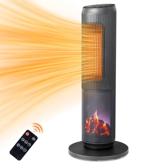 25" Tower Space Heater with 3D Flame, 1500W Portable Electric Heater with Thermostat, 60° Oscillation, Timer, Remote Control, for Indoor Bedroom Office Home