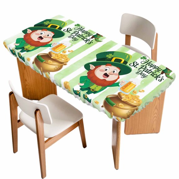 St. Patrick's Day Table Cloths for 5 Foot Rectangle Tables, Green Gnomes Gold Coin Beer Shamrock Stripes Patio Waterproof Elastic Fitted Tablecloths, Washable Rectangular Table Cover for Camping
