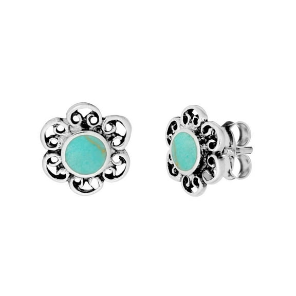 81stgeneration Women's 925 Sterling Silver 9 mm Simulated Turquoise Filigree Flower Stud Earrings