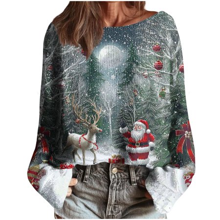 yardsong 2025 Long Sleeve Ladies Fall Top - Boat Neck Imitation Knit Christmas Xmas Holiday Sweatshirt Navy L
