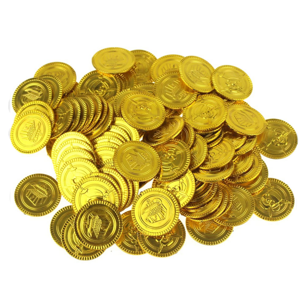 Lucky Pirate Gold Coins Plastic Gold Treasure Coin Play Toys Pack of 100 Coins 