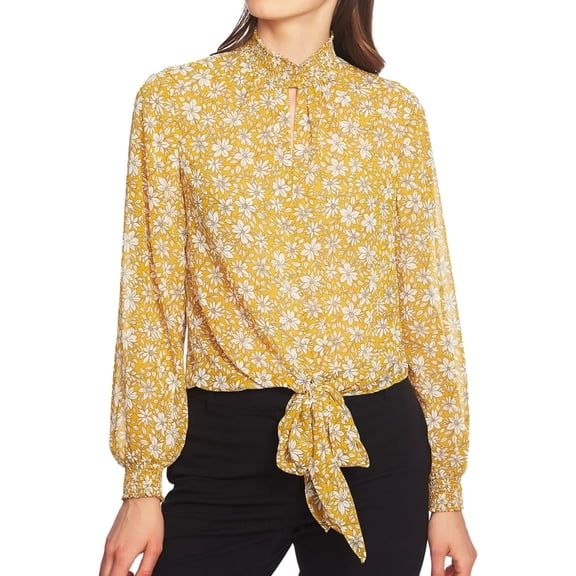 1.STATE Womens Printed Tie Hem Pullover Blouse, Yellow, Small
