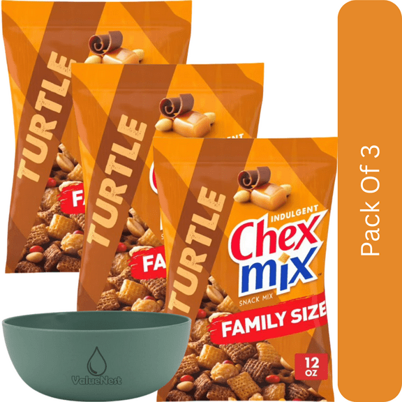 Chex Mix Turtle Snack Mix, Family Size, 13.5 oz-3pk, With Olive Green Bowl By ValueNest