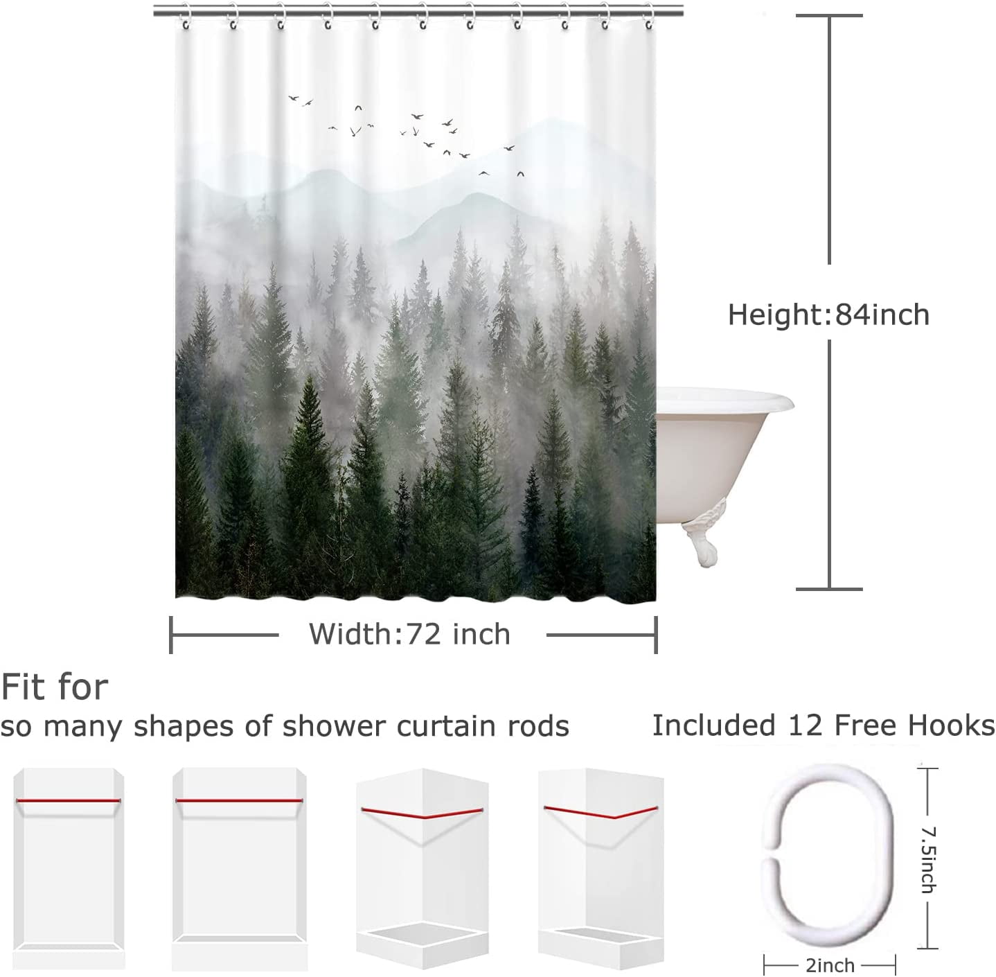 Stall Shower Curtain 36"x72" Inches Small Shower Curtain, Forest Mountain Shower Curtain Tree Shower Curtains for Bathroom, Nature Shower Curtain Hooks