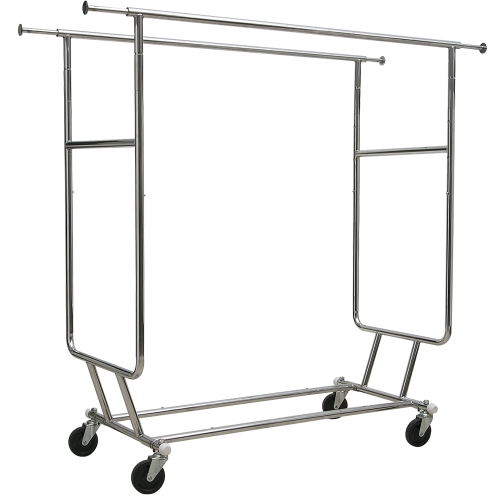 Collapsible Double Bar Chrome Garment Rack, Commerical Grade Rolling