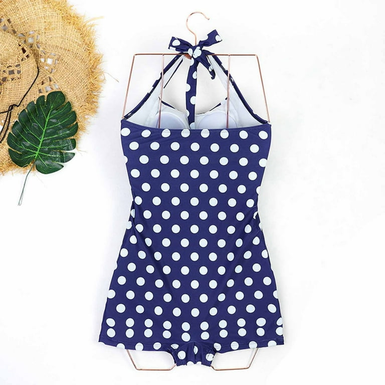 Arnsht Women Polka Dot Print One Piece Swimsuit with Skirt Tummy Control Swim  Dress Halter Vintage Loose Comfortable Breathable Bathing Suit Blue L -  Walmart.com