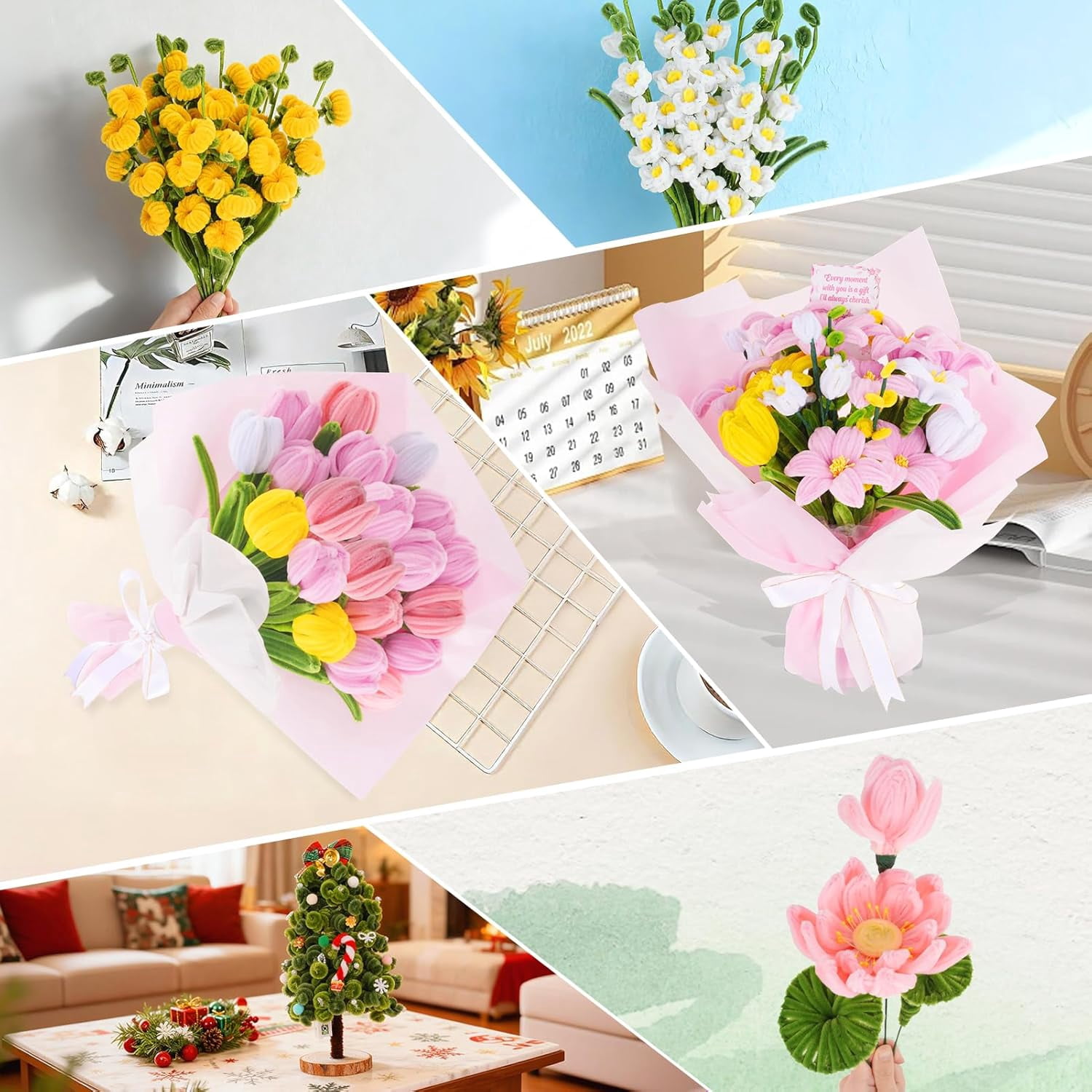 600 pipe cleaner craft set, loose pipe cleaner flower making set, 6-color chenille strip flower making set, suitable for arts and crafts.