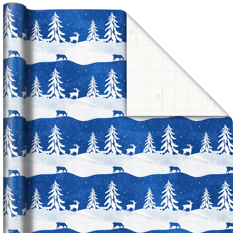 Hallmark Recyclable Kraft Wrapping Paper with Cut Lines (3 Rolls: 90 Sq ft ttl) Minimalist Christmas White Trees Deer Antlers Snowflakes on Brown Kraf