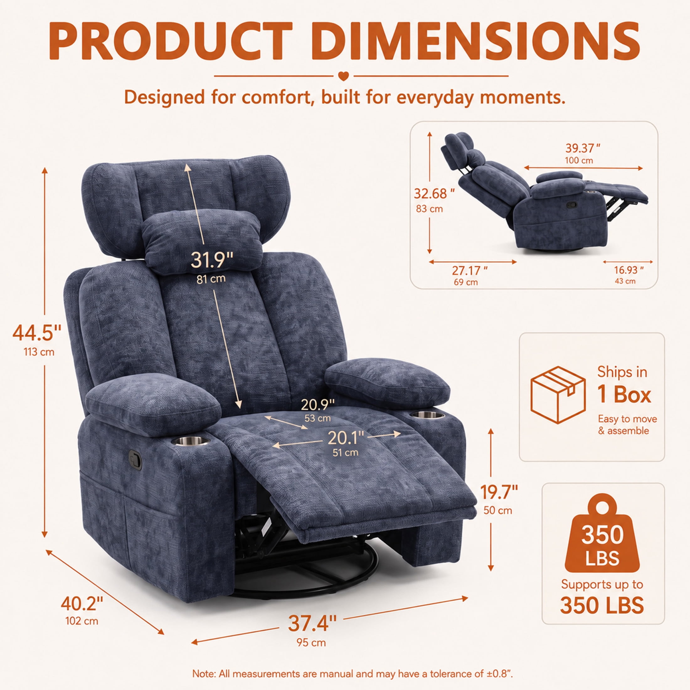 GDF Studio Turden 360° Swivel Manual Rocking Recliner with Detachable Neck Pillow, Versatile Lounge Chair, Blue
