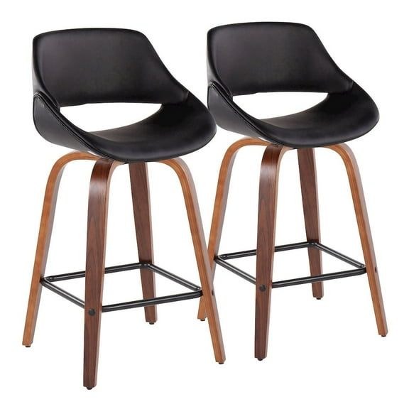 LumiSource Walnut Wood, Black PU, Black Steel Fabrico Fixed-Height Counter Stool - Set of 2