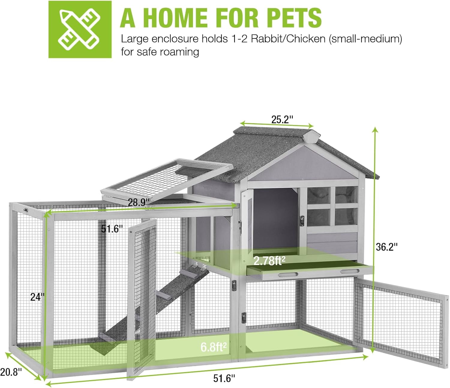 BUTINGLALE 51.6" L Chicken coop Outdoor Rabbit Hutch Indoor Bunny Cage Expandable Duck House(Grey)
