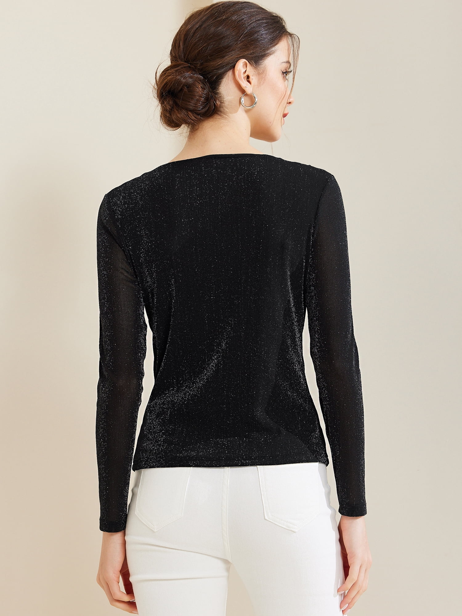 DARING DIVA Women's Ruched Cowl Neck Long Sleeves Glitter Tops S Black