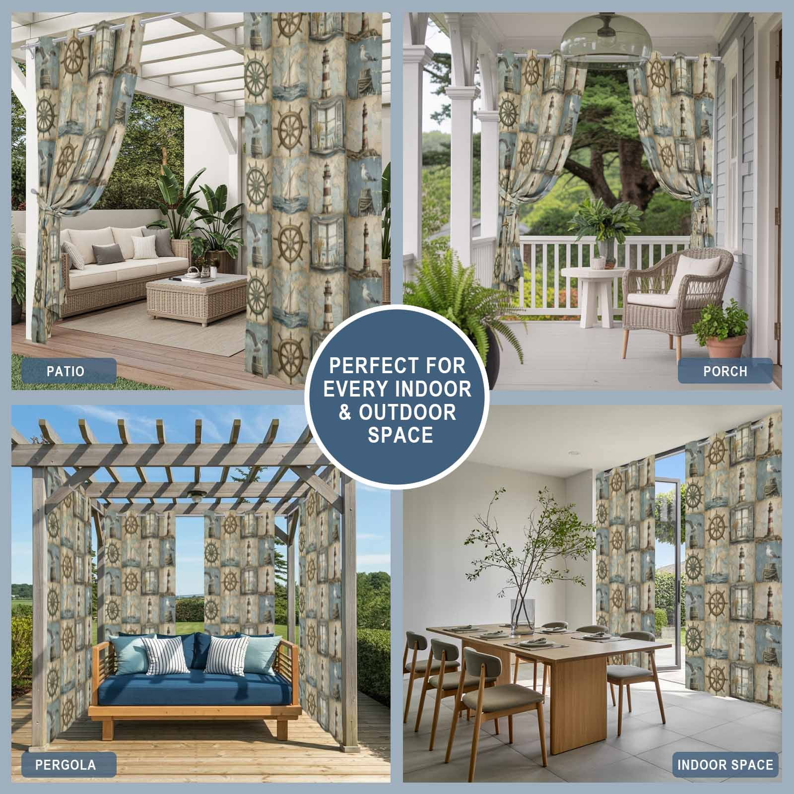 Summer Vintage Ocean Outdoor Curtains for Patio, Retro Nautical Compass Seagull Lighthouse Sailboat Sunshade Privacy Drapes Grommet Waterproof Outside Curtains for Porch Balcony 54"x108", 1 Panel