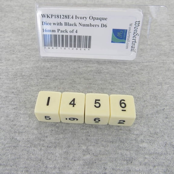 Ivory Opaque Dice with Black Numbers D6 16mm (5/8in) Pack of 4 Wondertrail