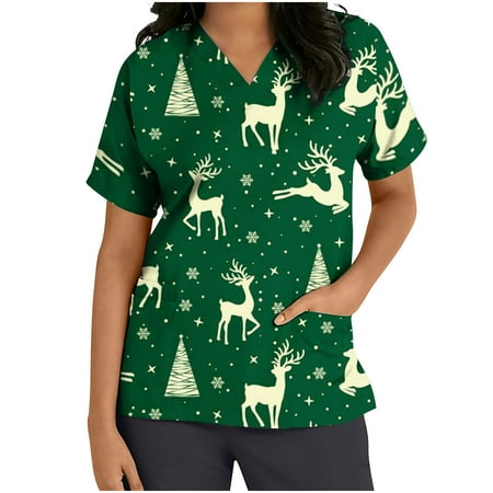 

Yyeselk Working Uniform T Shirt Women Print Short Sleeve V-Neck Scrubs Tops Tee with Pockets Summer Short Sleeve Nurse Workwear Nursing Blouses Pullover Tshirts Tee Shirt Green XL