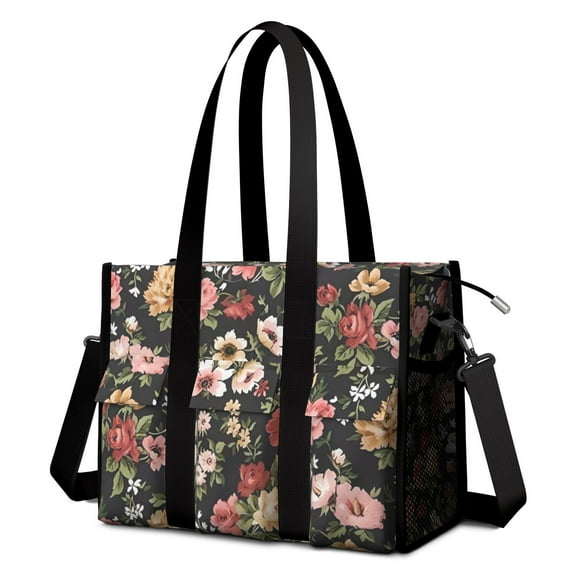 Teacher Tote Bag,Pioneer Flower Floral Print Pattern Teacher Utility Tote Bag,Large Work Tote Bags for Women with Multiple Pockets,Top Zipper Closure,13.8x10.6x6.7 Inch