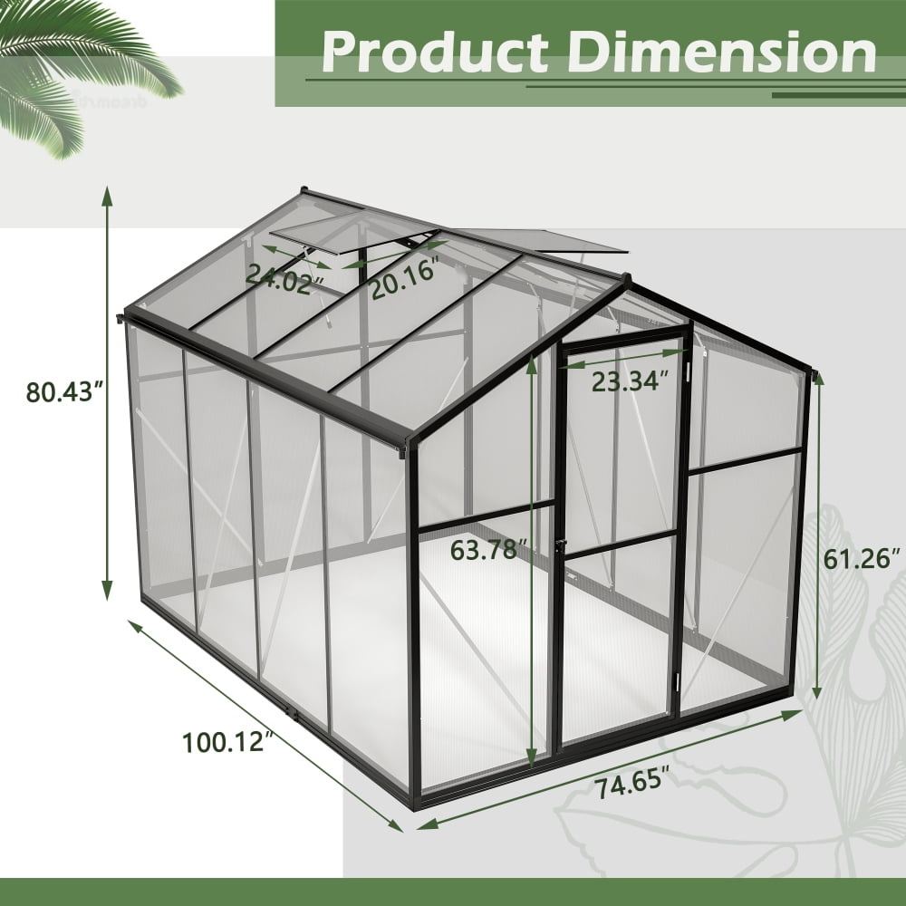 Aluminum 6x8 FT Walk-In Greenhouse with Polycarbonate Panels, Quick Setup Structure, and Roof Vent for Outdoor Garden