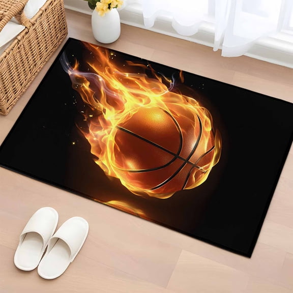 Basketball Bathroom Rug Washable 2x3 Entryway Rug Non Slip Modern Buruning Flame Sport Black Background Front Door Mat Low Pile Indoor Doormat Throw Floor Carpet for Kitchen Bedroom Entrance