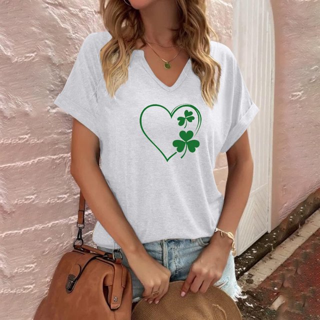 Puntoco Rebajas de blusas cortas para mujer Blusa informal de moda con cuello en V y mangas cortas con estampado del Día de San Pablo para mujer