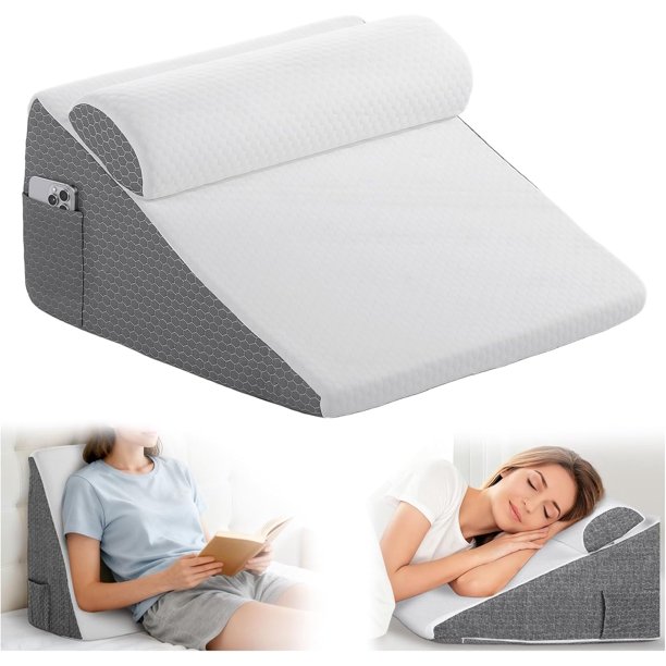 Almohada Cuña para Dormir Triangular, Almohada Antireflujo Adulto, Almohada de Lectura de Cama, Respaldo para Cama, con Funda Lavable, con Bolsillos