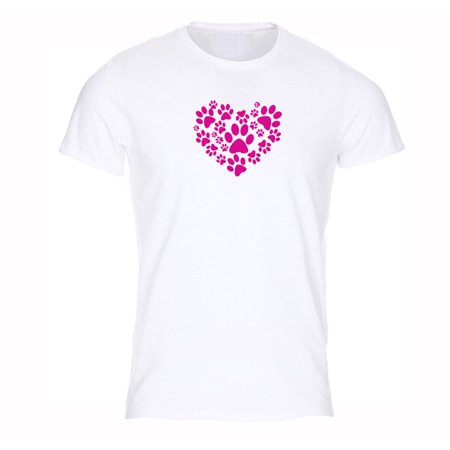 XtraFly Apparel Mens Paw Print Pink Heart Dog Cat Animal Lover Adopt Love Pets Crewneck T-Shirt