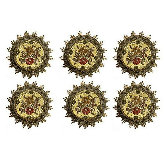 Set of 6 Coasters in Victorian Floral Brocade, Decorative Fabrics Artfully Embroidered with Floral and Gold Border, Swiss Made