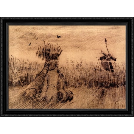Wheatfield with a Stook and a Mill 36x28 Large Black Ornate Wood Framed Canvas Art by Vincent van Gogh